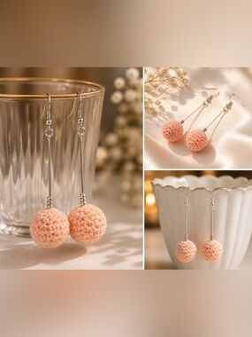 Hand Crafted Peach Crochet Ball Drop Earrings with Silver Hooks